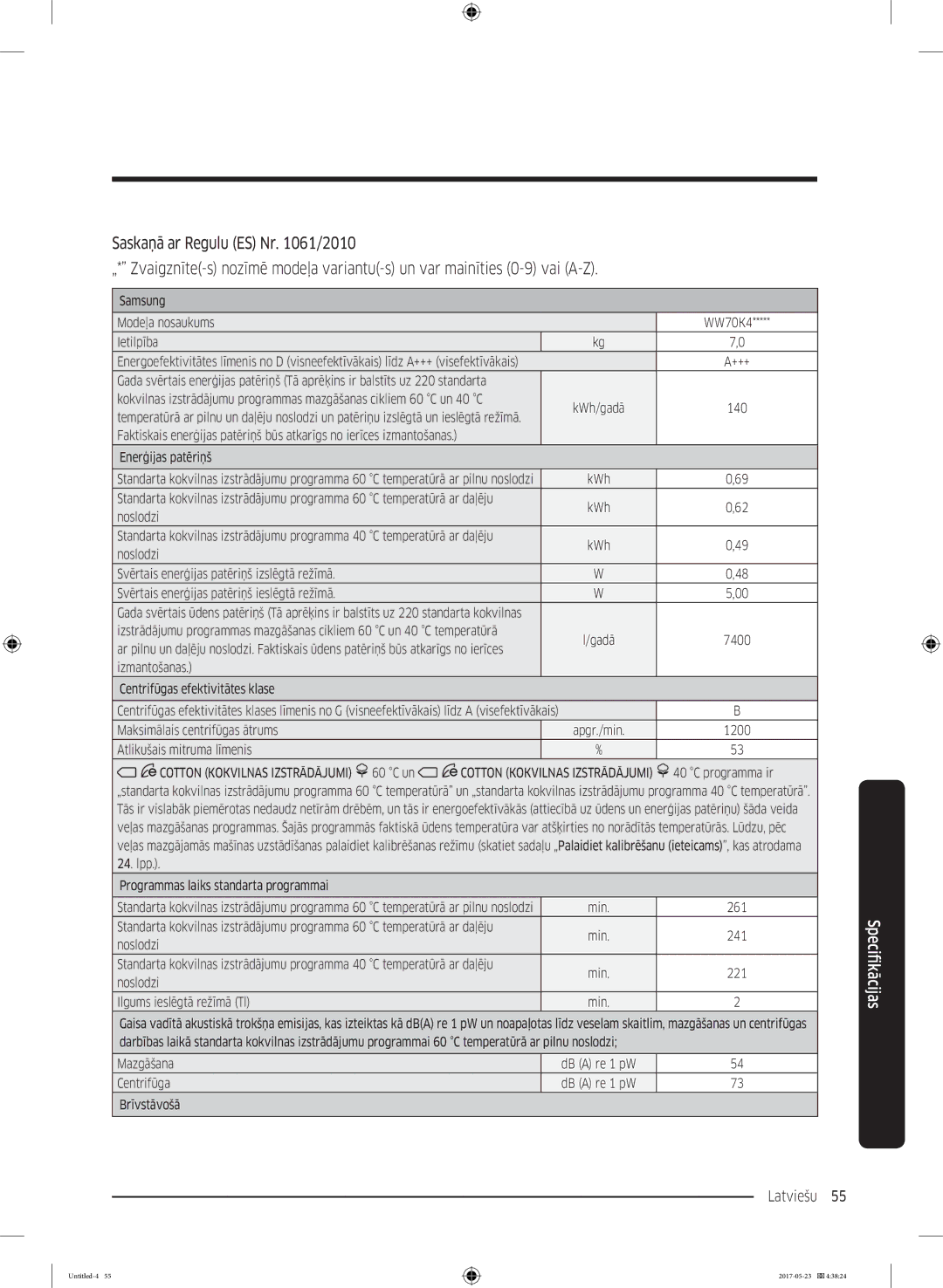 Samsung WW70K42101W/LE, WW70K42106W/LE manual Latviešu 55  